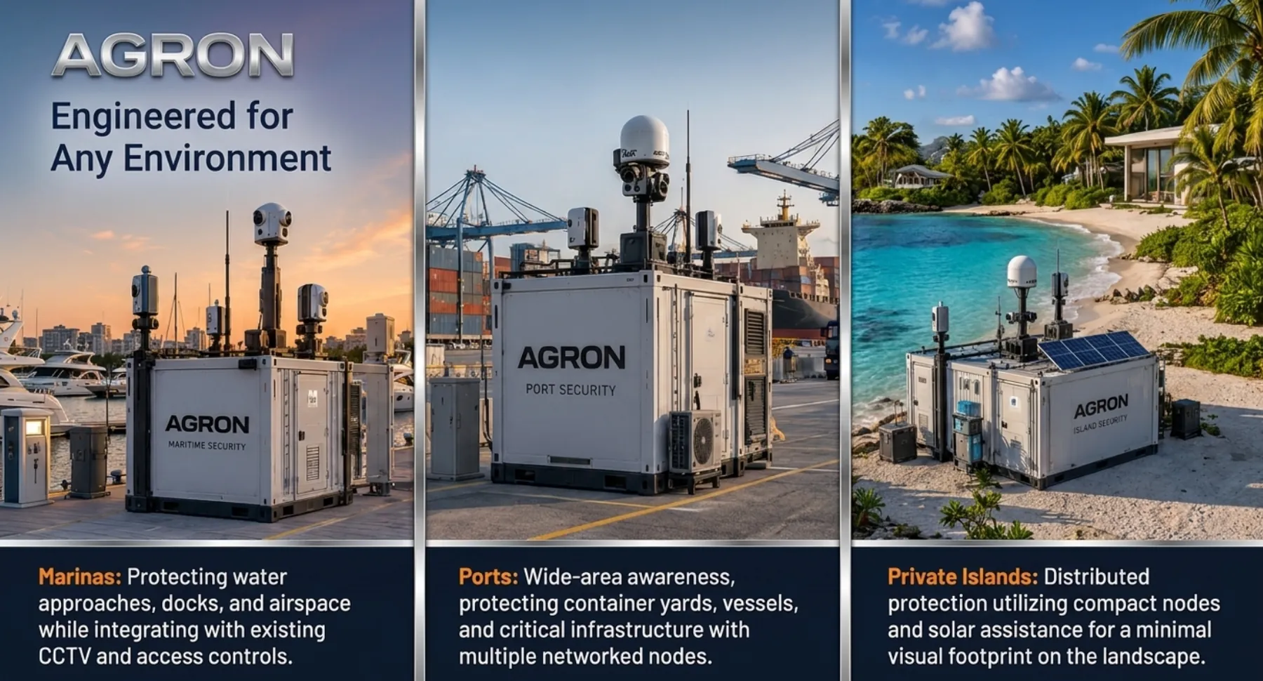 AGRON units at a marina, a commercial port, and a private island