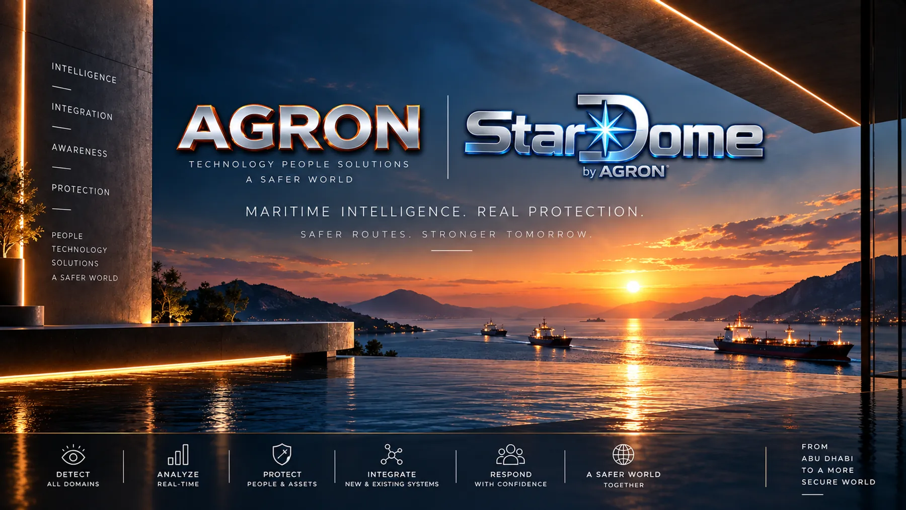 AGRON and StarDome by AGRON over a harbour at dusk