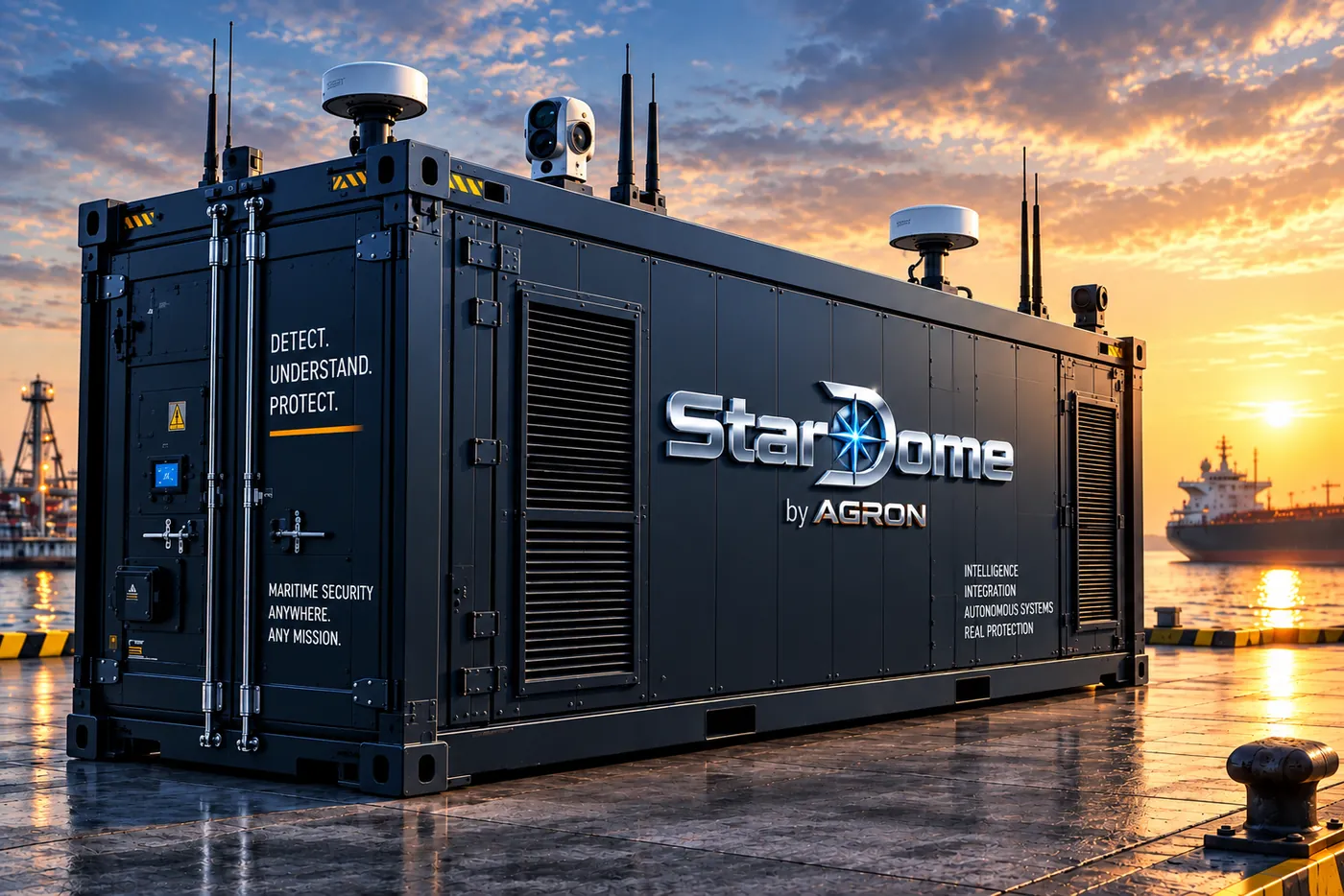 Black StarDome by AGRON container on a harbour quay